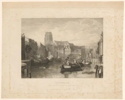 Gezicht op een gracht in Rotterdam met de Laurenskerk