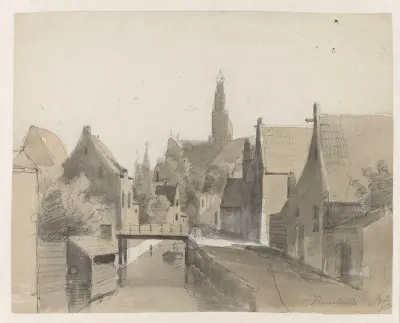 Gezicht op een grachtje in Haarlem, op de achtergrond de St. Bavo
