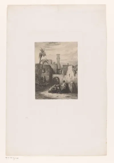 Gezicht op een groep mensen met een kameel voor een stadspoort in Caïro