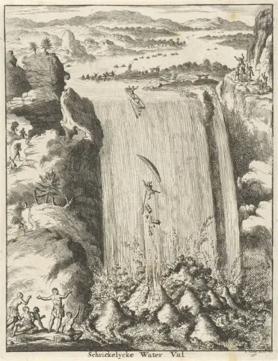Gezicht op een grote waterval waarin twee kano's worden meegesleept