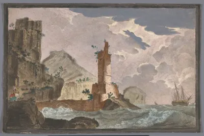 Gezicht op een haven met de ruïne van een toren aan de waterkant
