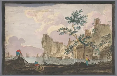 Gezicht op een haven met rotsen