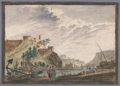 Gezicht op een haven met rotsen