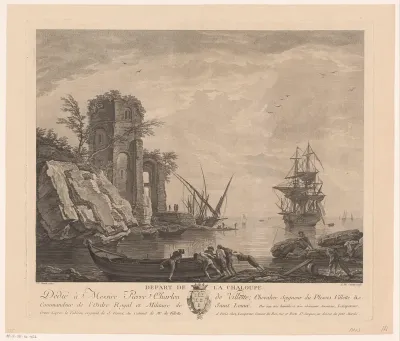 Gezicht op een haven met ruïne en figuren bij een sloep