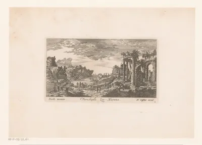 Gezicht op een haven met ruïnes