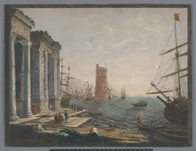 Gezicht op een haven met schepen en boten op het water