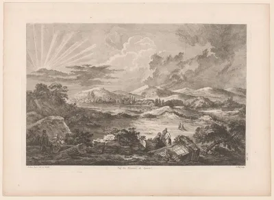 Gezicht op een heuvelachtig landschap met ruïnes