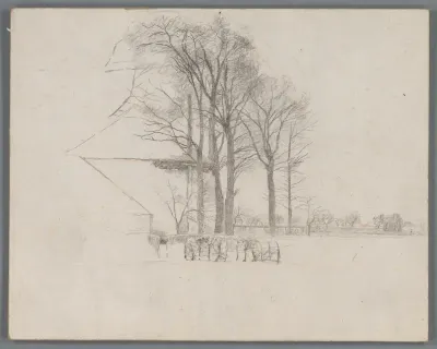 Gezicht op een hooischuur en bomen
