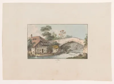Gezicht op een huis bij een brug te Orbe