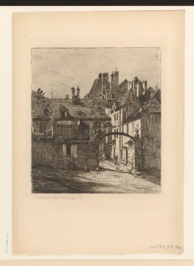 Gezicht op een huis in de rue du Cloître des Bernardins in Parijs