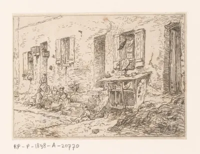 Gezicht op een huis met links een groep figuren