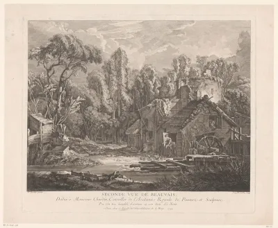 Gezicht op een huis met watermolen aan een vijver