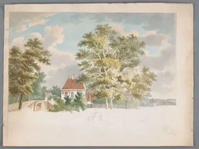Gezicht op een huis tussen bomen aan een landweg