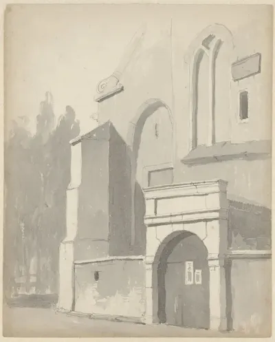 Gezicht op een ingangspoortje van een kerk