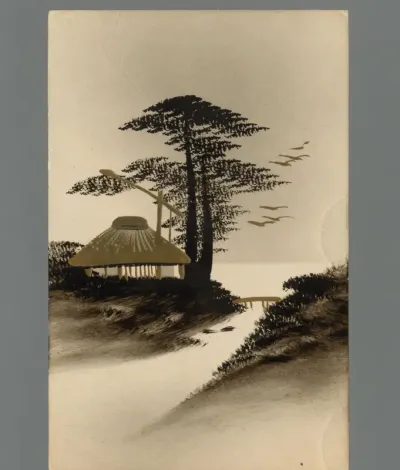 Gezicht op een Japans huis met brug