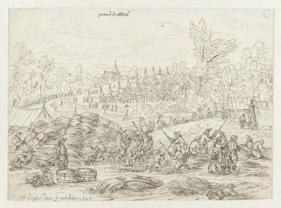 Gezicht op een kampement van het leger van Willem III bij Grand-Hallet, Luik