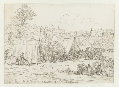 Gezicht op een kampement van het leger van Willem III te Lembeek, Vlaams-Brabant