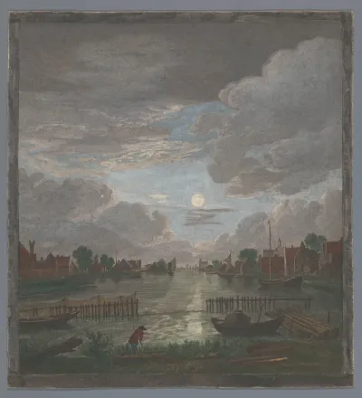 Gezicht op een kanaal in de omgeving van de stad Haarlem bij maanlicht