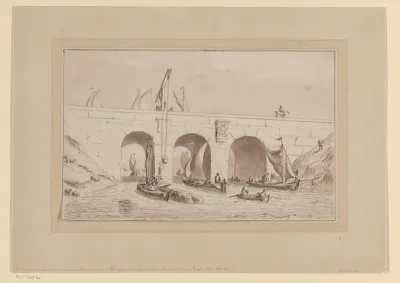 Gezicht op een kanaal over een rivier met schepen