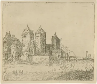 Gezicht op een kasteel met een slotgracht