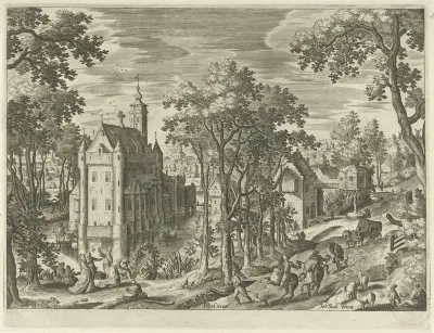 Gezicht op een kasteel met een slotgracht