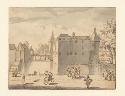 Gezicht op een kasteel met personen op de voorgrond
