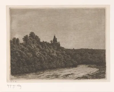Gezicht op een kasteel op de hoge linkeroever aan een rivier