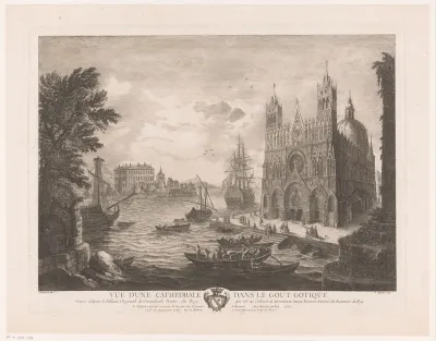 Gezicht op een kathedraal in een havenstad