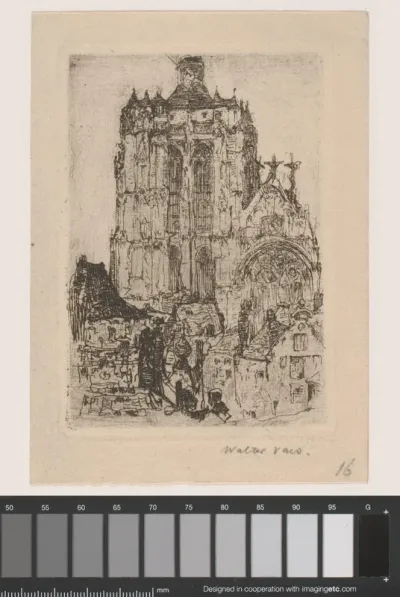 Gezicht op een kathedraal met huizen op de voorgrond