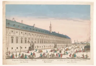 Gezicht op een keizerlijk paleis in een buitenwijk te Wenen