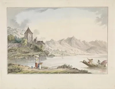 Gezicht op een kerk aan een meer te Zwitserland