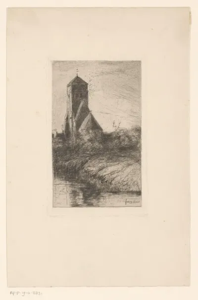 Gezicht op een kerk aan het water