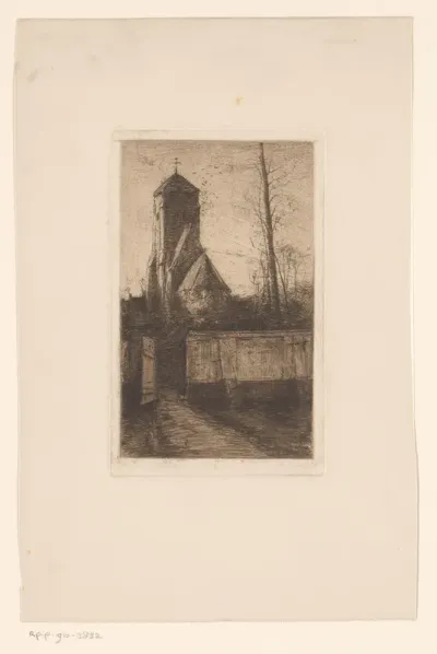Gezicht op een kerk met poort op de voorgrond