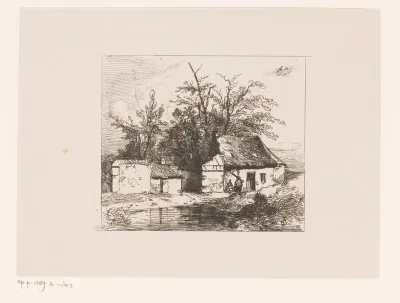 Gezicht op een kleine rietgedekte woning met een beek op de voorgrond