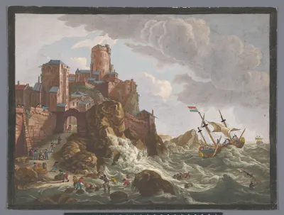 Gezicht op een kust met schepen en boten op de klippen te Noorwegen