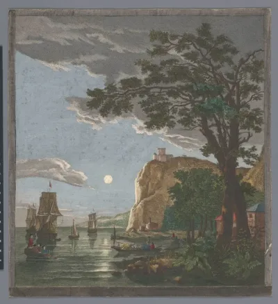 Gezicht op een kust met schepen en boten op het water bij maanlicht