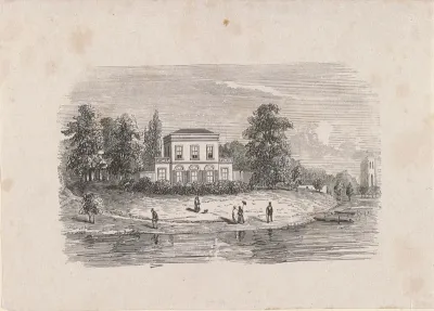 Gezicht op een landhuis aan het water