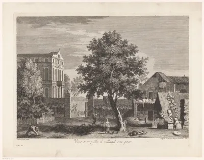 Gezicht op een landhuis en een boerderij