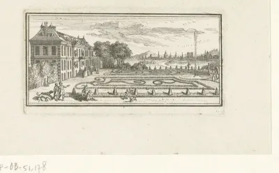Gezicht op een landhuis en tuin