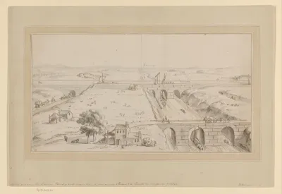 Gezicht op een landschap met een brug en een kanaal over een rivier