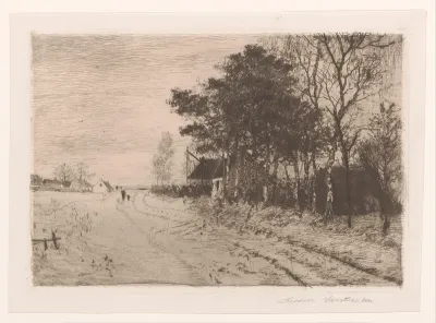 Gezicht op een landweg met huizen erlangs