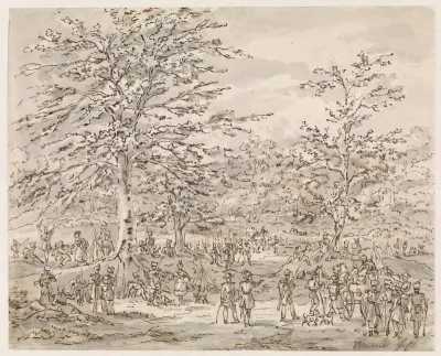 Gezicht op een legerplaats tussen bomen