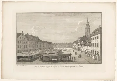 Gezicht op een markt in Berlijn met de Marienkirche