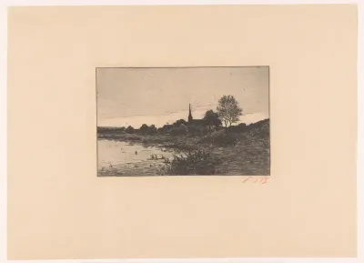 Gezicht op een meer bij het vallen van de avond, op de achtergrond een kerktoren