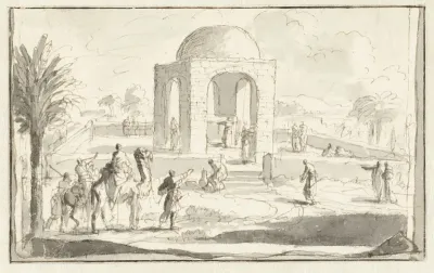 Gezicht op een moskee of tempel in de woestijn