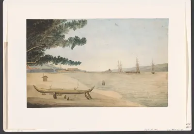Gezicht op een Nederlandse nederzetting met fort en haven in Indonesië
