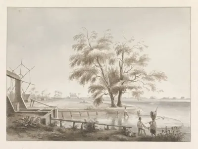 Gezicht op een plantage met links een sluis