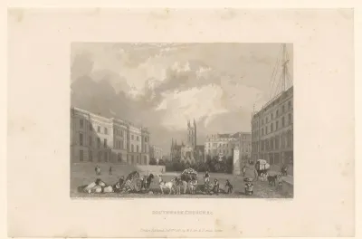 Gezicht op een plein en de Kathedraal van Southwark te Londen