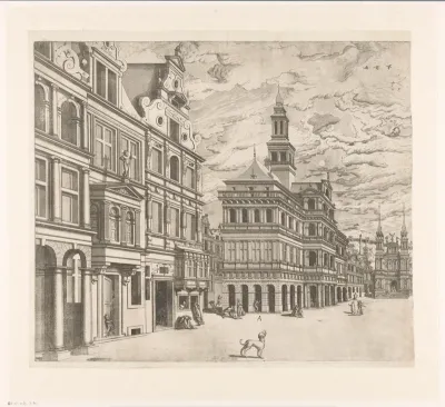 Gezicht op een plein met monumentale bouwwerken