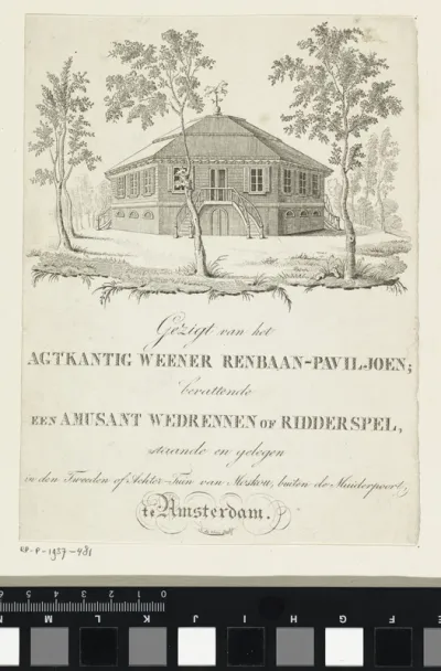Gezicht op een renbaanpaviljoen te Amsterdam